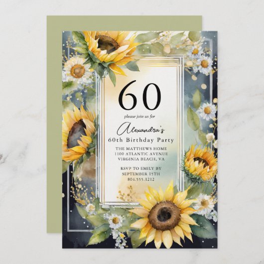 Rustikales Sonnenblumen-Script 60. Geburtstag Einladung (Vorne/Hinten)