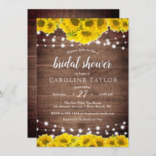 Rustikales Sonnenblumen-Strandlicht Brautparty Einladung (Vorne/Hinten)