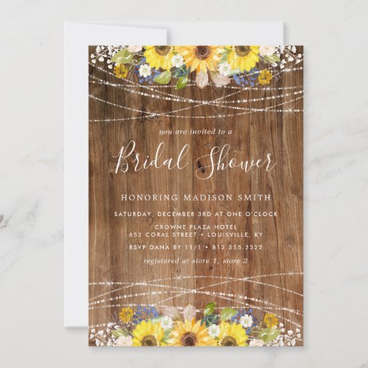 Rustikales Sonnenblumen-String-Lights-Brautparty Einladung (Vorderseite)