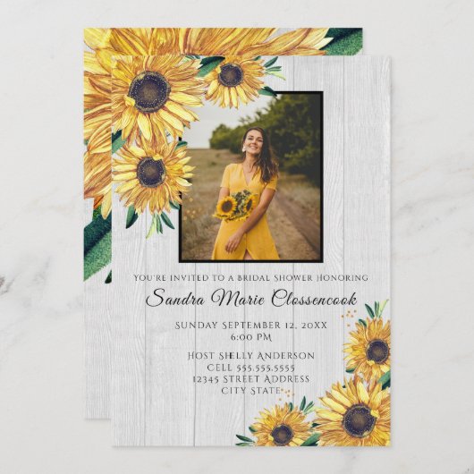 Rustikales Sonnenblumen Weißes Holz Hochzeitsstich Einladung (Vorne/Hinten)