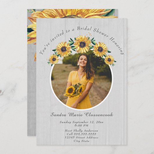 Rustikales Sonnenblumen Weißes Holz Hochzeitsstich Einladung (Vorne/Hinten)