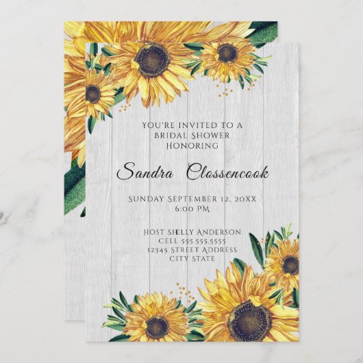 Rustikales Sonnenblumen Weißes Holz Hochzeitsstich Einladung (Vorne/Hinten)