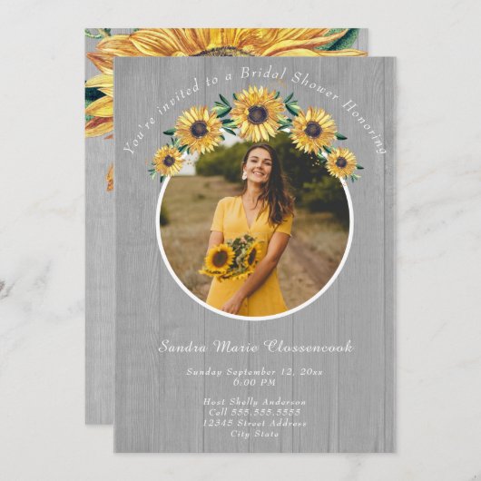 Rustikales Sonnenblumen Weißes Holz Hochzeitsstich Einladung (Vorne/Hinten)
