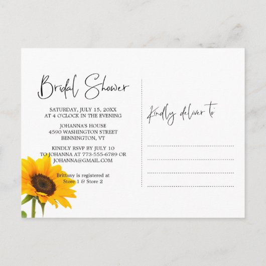 Rustikales Sonnenblumengewebe-Brautparty Einladungspostkarte (Rückseite)