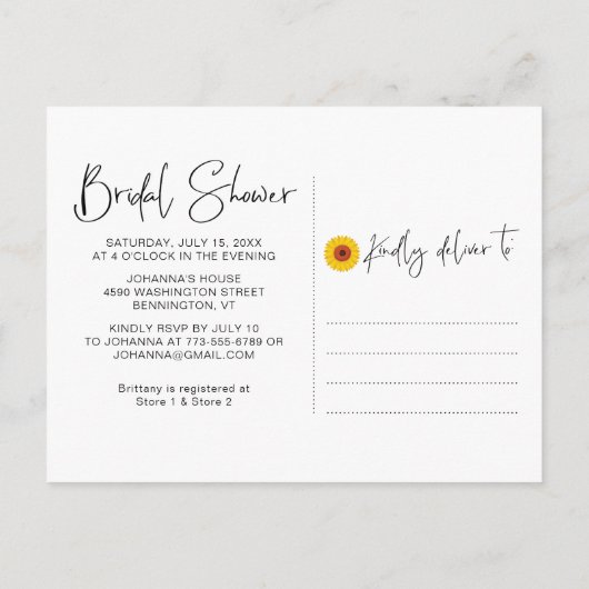 Rustikales Sonnenblumenholz-Brautparty Einladungspostkarte (Rückseite)