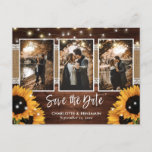 Rustikales Sonnenblumenholz-Foto Save the Date Ankündigungspostkarte<br><div class="desc">Die wunderschöne Hochzeit aus rustikalem Holz und Sonnenblumen bewahrt das Datum der Foto-Postkarten mit 3 Fotorahmen mit Burlap- und Spitzen, Lichter mit Saiten und Sonnenblumen-Blume auf einem Stallholzhintergrund. Perfekte Save the Date Postkarten für Ihr rustikales Land, Ihren Hinterhof oder Ihre Stallhochzeit, inspiriert von Sonnenblumen. Diese Sonnenblumen Save the Date einfach...</div>