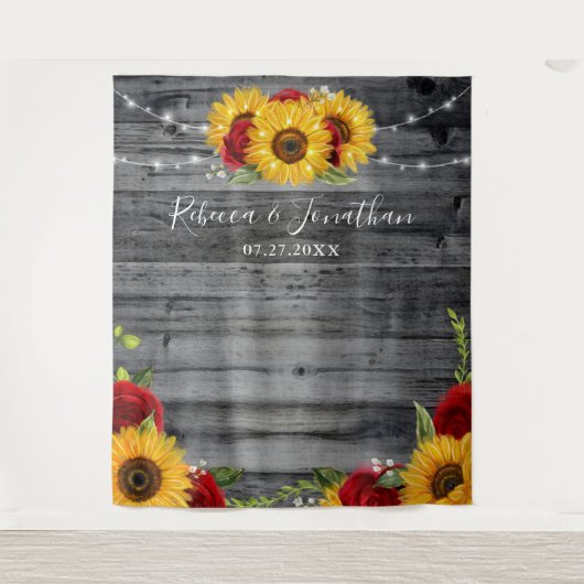Rustikales Sonnenblumenholz-Hochzeitsband Wandteppich (Vorderseite)