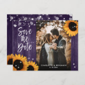 Rustikales Sonnenblumenholz Lila HochzeitsFoto Save The Date (Vorne/Hinten)