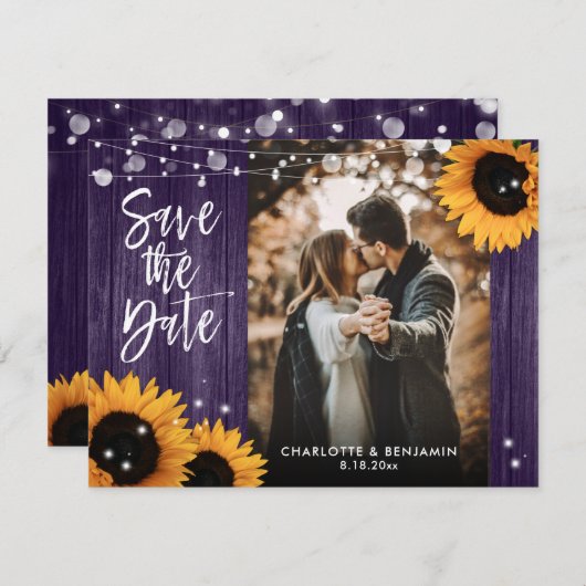 Rustikales Sonnenblumenholz Lila HochzeitsFoto Save The Date (Vorne/Hinten)
