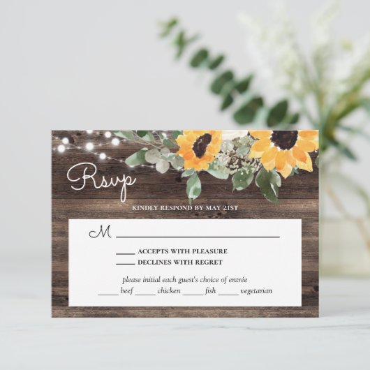 Rustikales Sonnenblumenholz mit Auswahl RSVP Karte (Stehend Vorderseite)
