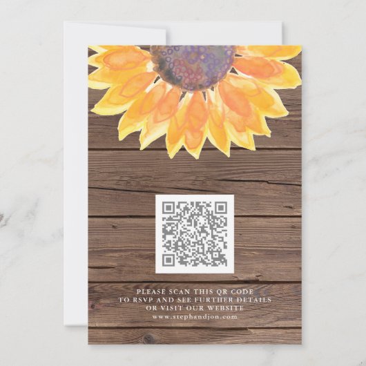 Rustikales Sonnenblumenholz QR Code Hochzeit Einladung (Rückseite)