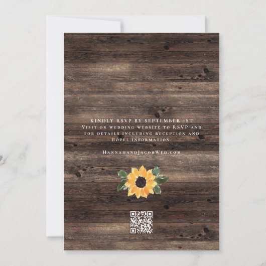 Rustikales Sonnenblumenholz QR Code UAWG Wedding Einladung (Rückseite)