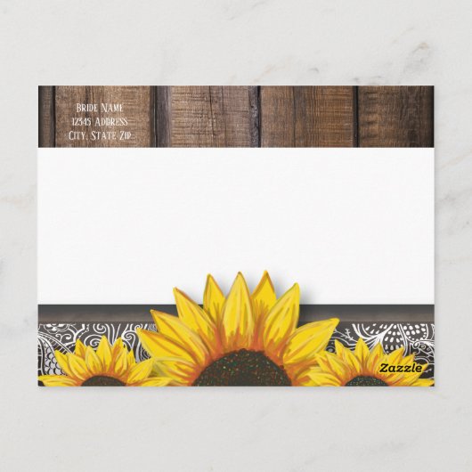 Rustikales Sonnenblumenholz Save the Date Postkarte (Rückseite)