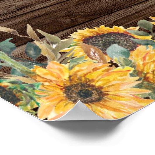 Rustikales Sonnenblumenholz-Stall Hochzeitswillkom Poster (Ecke)