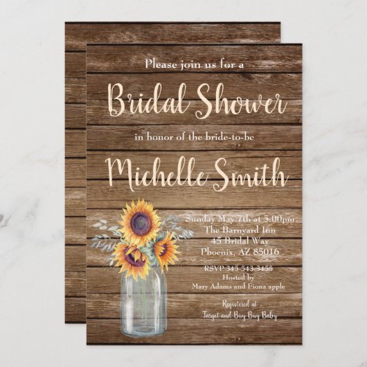 Rustikales Sonnenblumenland Brautparty Einladung (Vorne/Hinten)