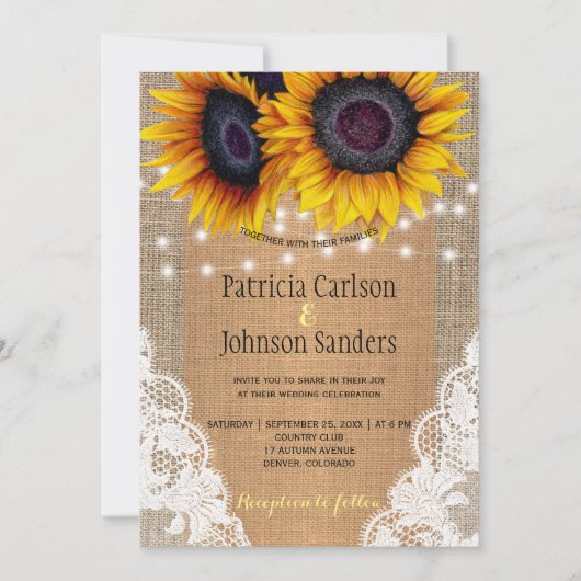 Rustikales Sonnenblumenlicht und Hochzeit Einladung (Vorderseite)