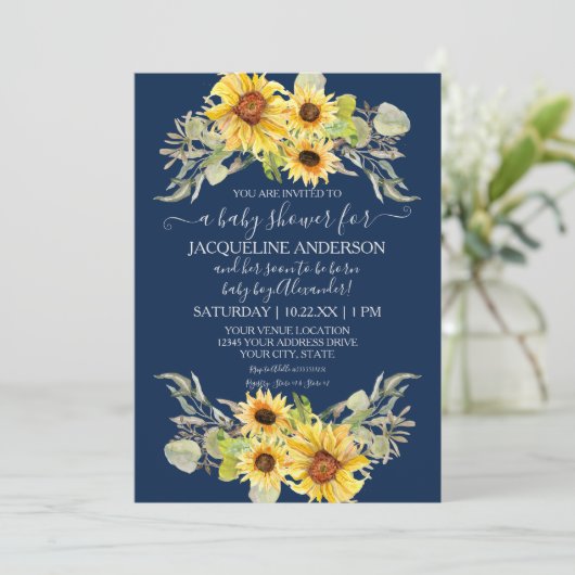 Rustikales Sonnenblumenschiff mit Blauer Babydusch Einladung (Stehend Vorderseite)