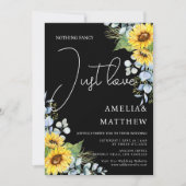 Rustikales Sonnenblumenskript nur Liebe Black Wedd Einladung (Vorderseite)