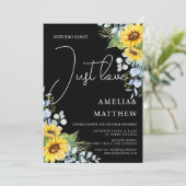 Rustikales Sonnenblumenskript nur Liebe Black Wedd Einladung (Stehend Vorderseite)