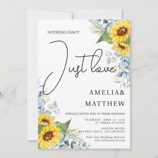 Rustikales Sonnenblumenskript nur Liebe Grüne Hoch Einladung (Vorderseite)