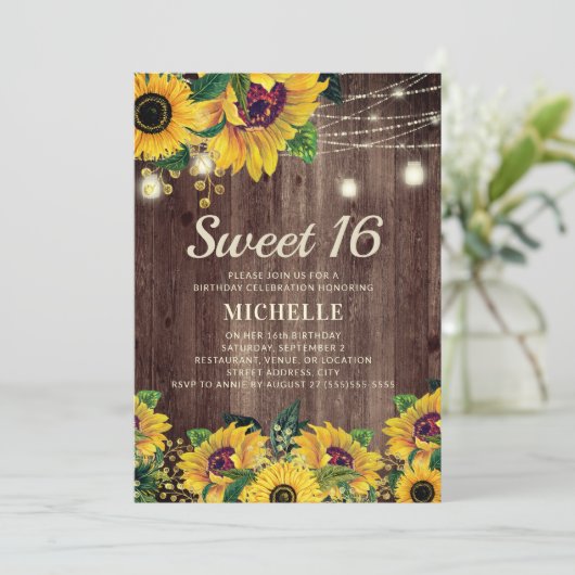 Rustikales Sonnenblumenstring Licht 16. Geburtstag Einladung (Stehend Vorderseite)