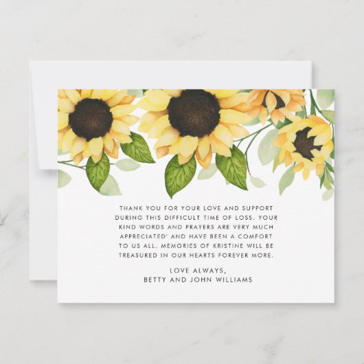 Rustikales Sonnenblumenwasser-Beileid Dankeskarte (Rückseite)