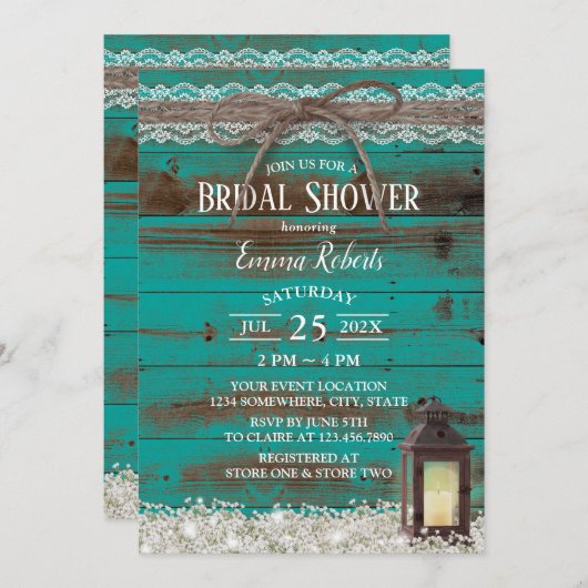 Rustikales Spitzen-Aquamarines Brautparty Einladung (Vorne/Hinten)