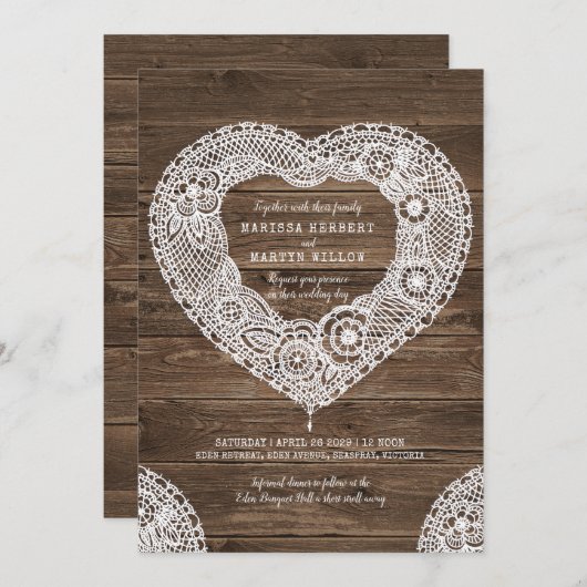 Rustikales Spitzen-Herz auf Holzheirat Einladung (Vorne/Hinten)