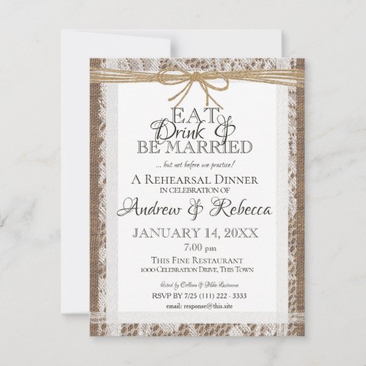 Rustikales Spitzen- und Burlap-Probe-Dinner Einlad RSVP Karte (Vorderseite)