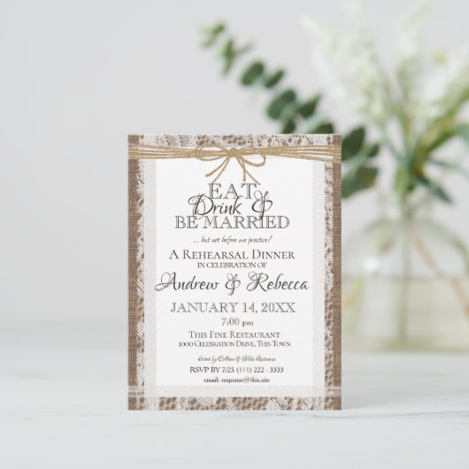 Rustikales Spitzen- und Burlap-Probe-Dinner Einlad RSVP Karte (Stehend Vorderseite)