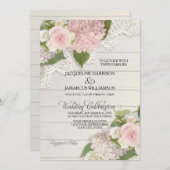 Rustikales Spitzenholz in rosa Hydrangeas Hochzeit Einladung (Vorne/Hinten)