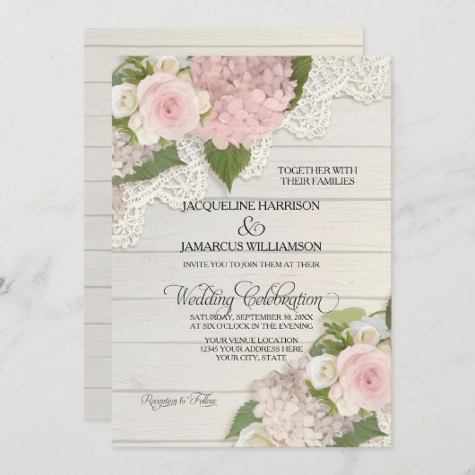 Rustikales Spitzenholz in rosa Hydrangeas Hochzeit Einladung (Vorne/Hinten)