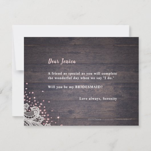 Rustikales Spitzenholz wäre meine Brautjungfrau Einladung (Rückseite)