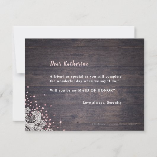 Rustikales Spitzenholz wäre meine Trauzeugin Einladung (Rückseite)