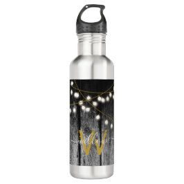 Rustikales Stall Black Wood Gold String Lights Mon Edelstahlflasche