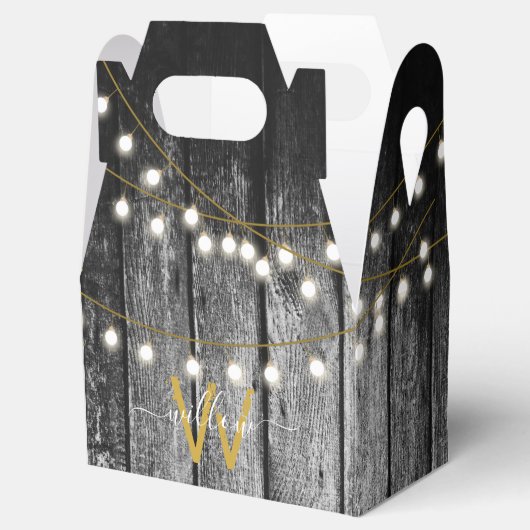 Rustikales Stall Black Wood Gold String Lights Mon Geschenkschachtel (Geöffnet)
