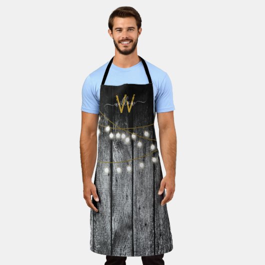 Rustikales Stall Black Wood Gold String Lights Mon Schürze (Getragen)