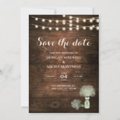 Rustikales Stall Holz String Lights Mason Jar Wedd Save The Date (Vorderseite)
