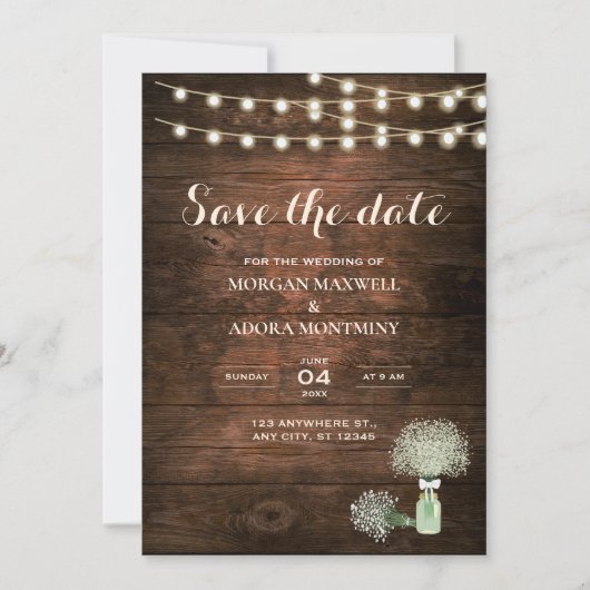 Rustikales Stall Holz String Lights Mason Jar Wedd Save The Date (Vorderseite)