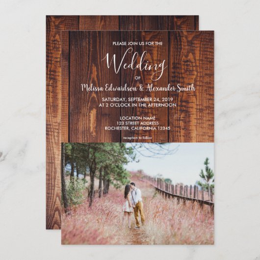Rustikales Stallenholz Hochzeit mit elegantem Foto Einladung (Vorne/Hinten)