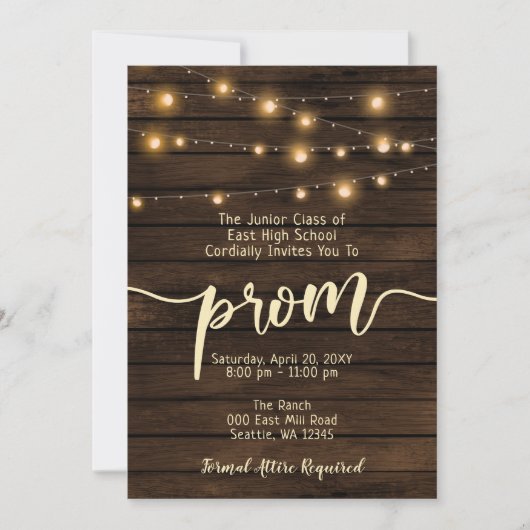 Rustikales Stallenholz-String-Licht Prom Einladung (Vorderseite)