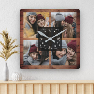 Rustikales Stallholz 4 Bilder Familie FotoCollage Quadratische Wanduhr