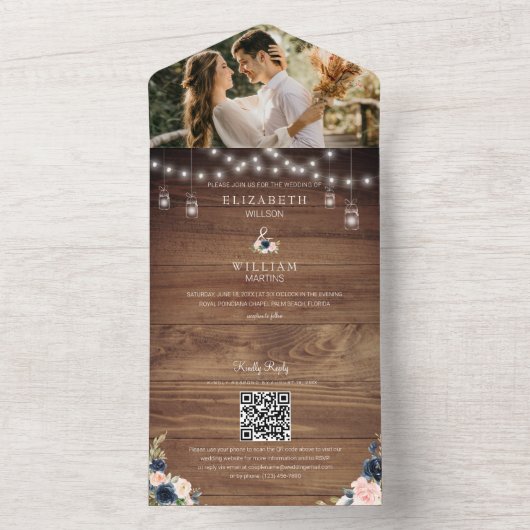 Rustikales Stallholz & Blumenzwiebeln QR Code Foto All In One Einladung (Innen Boden)