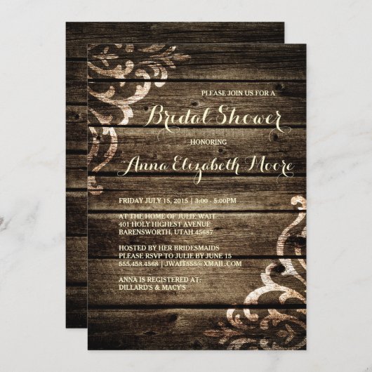 Rustikales Stallholz Damask Vintages Brautparty Einladung (Vorne/Hinten)