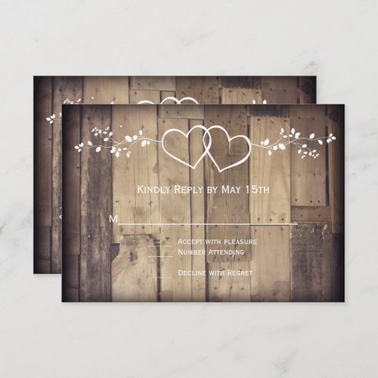 Rustikales Stallholz-Doppelherzen Hochzeitskarten RSVP Karte (Vorne/Hinten)