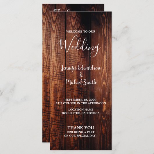 Rustikales Stallholz Drehbuch Land Hochzeitsprogra Programm (Vorne/Hinten)