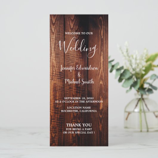 Rustikales Stallholz Drehbuch Land Hochzeitsprogra Programm (Stehend Vorderseite)