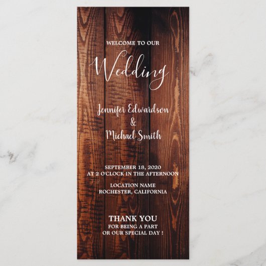 Rustikales Stallholz Drehbuch Land Hochzeitsprogra Programm (Vorderseite)