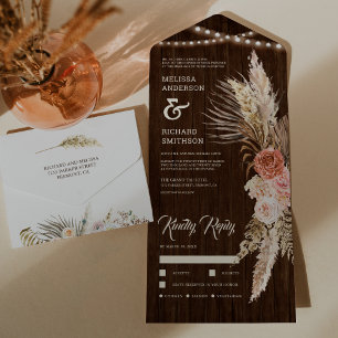 Rustikales Stallholz Erde floral Boho Pampas Weddi All In One Einladung