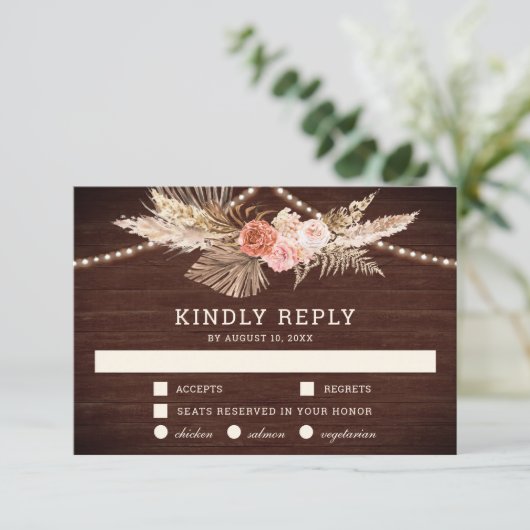 Rustikales Stallholz Erde floral Boho Pampas Weddi RSVP Karte (Stehend Vorderseite)